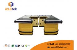 China High Grade Wood Supermarket Checkout Counter Multifunctional With Conveyor Belt supplier