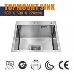 Topmount Stainless Steel Kitchen Sink 16 Gauge Single Bowl 18 Gauge 50x50 for sale