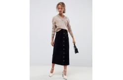 China OEM hot selling button through midi skirt in washed black supplier