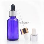 Cylindrical 30ml Blue Oil Dropper Glass Bottle With Gold Dropper for sale