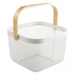 24X24cm Rectangular Wire Mesh Basket White Metal Basket With Wood Handle
