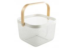 China 24X24cm Rectangular Wire Mesh Basket White Metal Basket With Wood Handle supplier