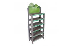 China 4 Sided Revolving Display Stand Wooden Fruit Display Shelf with Wheels supplier
