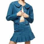Factory Customized Single Breasted Sweet Dark Blue Crop Denim Jacket for sale