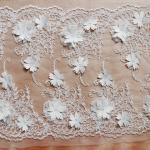 Beautiful White 3D Flower Lace Fabric , Double Edge Alencon Beaded Lace Fabric for sale