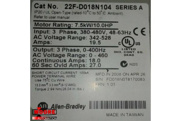 22F-D018N104 22F-D018N104 Allen Bradley AB 1336 PLUS II Drive - 15 HP