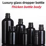 Black 10, Ml 15ml 20ml 30ml 50ml empty round black shiny Glass Essential Oil Dropper Bottle with Plastic Gold ring for sale