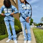 ODM Distressed Tracksuit Full Face Zip Up  Sweatshirt And Joggers Set Puff Embroidered