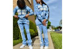 China ODM Distressed Tracksuit Full Face Zip Up  Sweatshirt And Joggers Set Puff Embroidered supplier