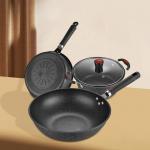 Black Flat Bottom Cooking Frying Non Stick Cast Iron Cooking Set for sale