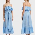 Women Blue Cotton Off Shoulder Floral Embroidery Ruffle Dress Women123456 for sale