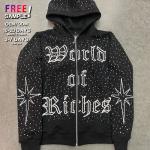 No String Heavy Weight Streetwear Full Zip Hoodie Rhinestone  Silk Screen Printed Logo for sale