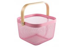 China Pink 24cm Cube Wire Storage Basket With Wooden Handle Kitchen Use supplier