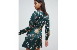 China OEM fashionable green floral satin wrap mini tea dress supplier