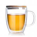 High Borosilicate Double Wall Glass Tumbler , Transparent Tea Cup With Bamboo Lid for sale