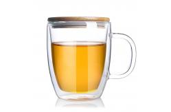 China High Borosilicate Double Wall Glass Tumbler , Transparent Tea Cup With Bamboo Lid supplier