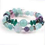 Custom DIY Fluorite Crystal With Fluorite Rose Flower Carving 8MM Round Bead Adjustable Bangle for sale
