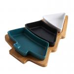 Festive Bamboo Table Tray with Three Removable Ceramic Dishes and Christmas Tree Shape for sale