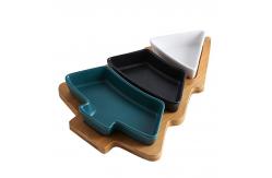 China Festive Bamboo Table Tray with Three Removable Ceramic Dishes and Christmas Tree Shape supplier
