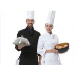 Men Polyester Fabric Kitchen Staff Uniforms Rollable Cuffs Black And White With Hat for sale