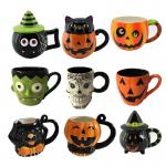Custom Ceramic Hand-painted Halloween Coffee Mug Creative 3D Embossed Cat Pumpkin Ghost Skull Witch Monster Mugs for sale