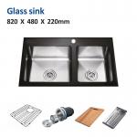 60 40 Tempered Glass Kitchen Sink Stainless Steel  32' 16 Double Bowl 82x48 for sale