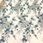 Blue 3D Embroidery Mesh Beaded Lace Fabric For Dresses for sale