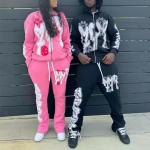 Custom Puff Print Logo Stacked Flare Sweatpants and Hoodie Set 2 Pieces Jogging Suit Sweatsuit Zip up Tracksuit for Men for sale