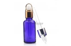 China Cylindrical 30ml Blue Oil Dropper Glass Bottle With Gold Dropper supplier
