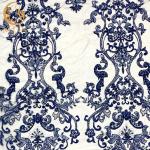 Blue Nylon Handmade Beaded Lace Fabric For fashion Show Dresses for sale