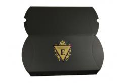 China Custom Black Paper Pillow Box Packaging With Hot Stamping Purple Logo supplier