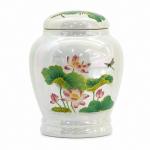White Ceramic Funeral Urn with Lotus Design for sale