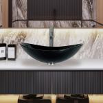 High Glossy Black Tempered Glass Sink Boat Shape Table Top Bathroom Glass Wash Basins for sale