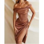 Autumn Women One Off Shoulder Satin Bone Pleated Mid Slit Dress