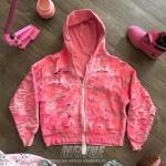 Blank Pink Acid Wash Hoodie Distressed Ripped Zip Up Streetwear Vintage Sun Faded Hoodie for sale