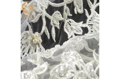 China Unique White Embroidered Lace Fabric Pearls Decoration 135cm 140cm Width supplier