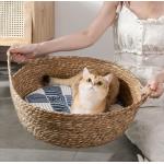 Natural Handmade Braided Cattail Bamboo Cat Bed With Soft Cushion for sale