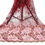 Mesh Polyester Floral Red Embroidered Tulle Lace Fabric 130cm for sale