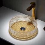 360mm Glass Vessel Basins Brush Gold Bottom Hotel Clear Glass Sink Bowl for sale