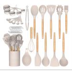 White Silicone Utensils With Wooden Handles Rustproof Scaldingproof for sale