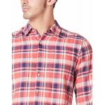 Orange Plaid gingham Mens Casual Linen Shirts with Band Collar
