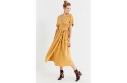 China Latest Gold Linen Maxi Long Wrap V-neck Woman Dress with Pockets supplier