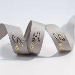 Customized Grey Shiny 3D Foil Printing Polyester Grosgrain Ribbon for Gift Packaging