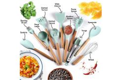 China Silicone Wooden Kitchen Utensil Set With Stand Rustproof Multiapplication supplier