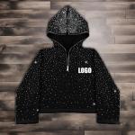 Streetwear custom 380 500gsm men's french terry fleece all over print     rhinestone boxy cropped full face half zip up hoodie men for sale