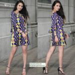 flower and phoenix patterns printed women fashion short dress with puff sleeve in off shoulder for sale