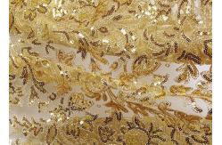 China Stretch Golden Lurex Sequin Lace Fabric , Nylon Mesh Fabric With Sequin Golden Thread supplier