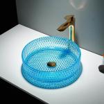 Clear Sky Blue Glass Vessel Basins Bathroom Sink Round Sky Blue Crystal for sale