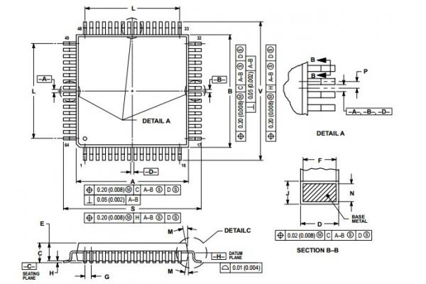 Integrated Circuit Chip HCMOS Microcontroller Unit  MC68HC908AB32C MOTOROLA MQFP64
