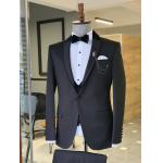 Black Custom Tuxedo Suit 65% Viskon 35% Polyester With Velvet Collar Detail Vest Tuxedo for sale